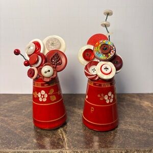 Vintage red wooden S/P Shakers Upcycled Into Button Bouquets.